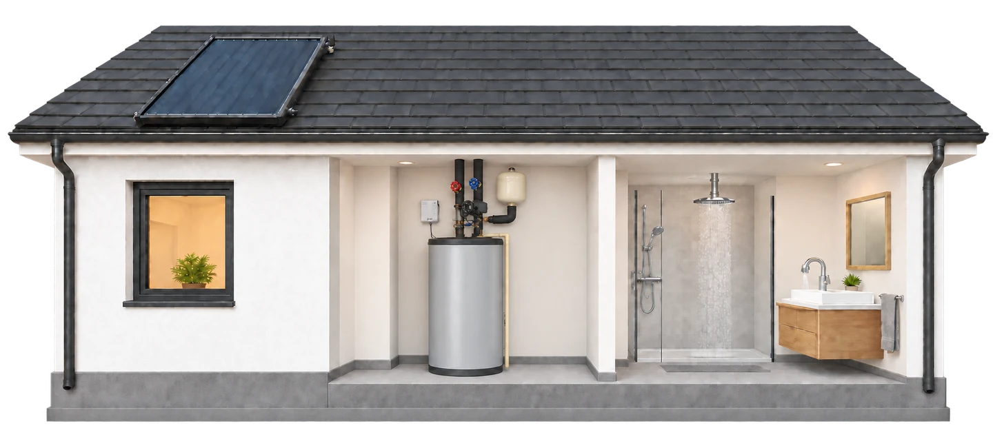House cutaway with a roof mounted flat plate solar thermal collector connected to a storage tank, pump station, controller, expansion tank, shower, and faucet