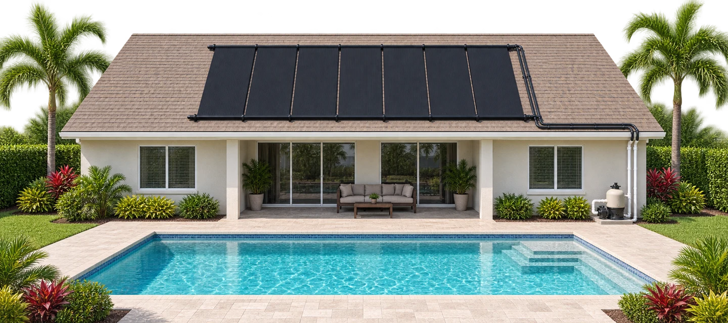 Straight on view of a Florida home with seven black solar pool heating collectors aligned parallel to the roof ridge and eave, black roof piping, and white wall drops